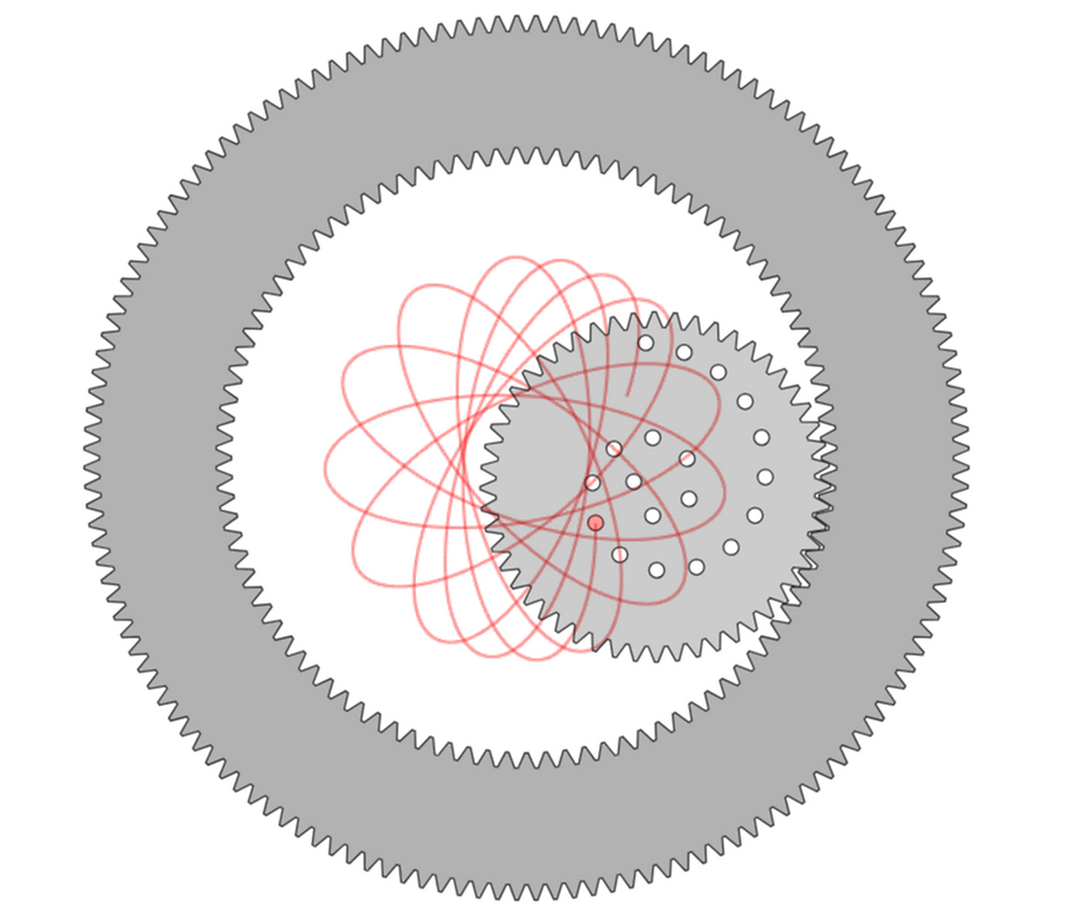 Gear system with red, interconnected lines and multiple circular components.