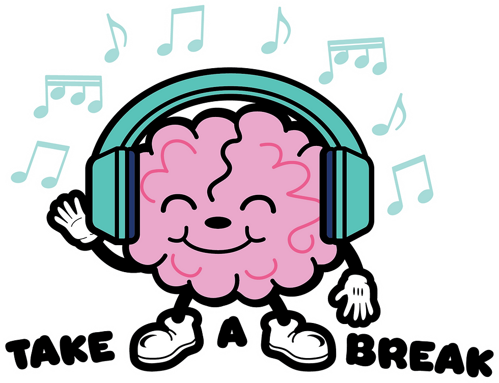 Animated brain wearing headphones and dancing with text Take a Break. Illustration by ZR Design