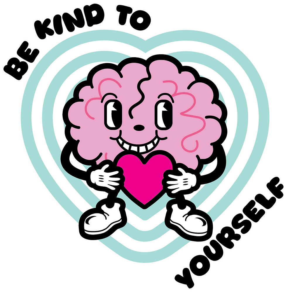 Animated brain holding pink heart, text reads: Be kind to yourself; mental health awareness. Illustration by ZR Design