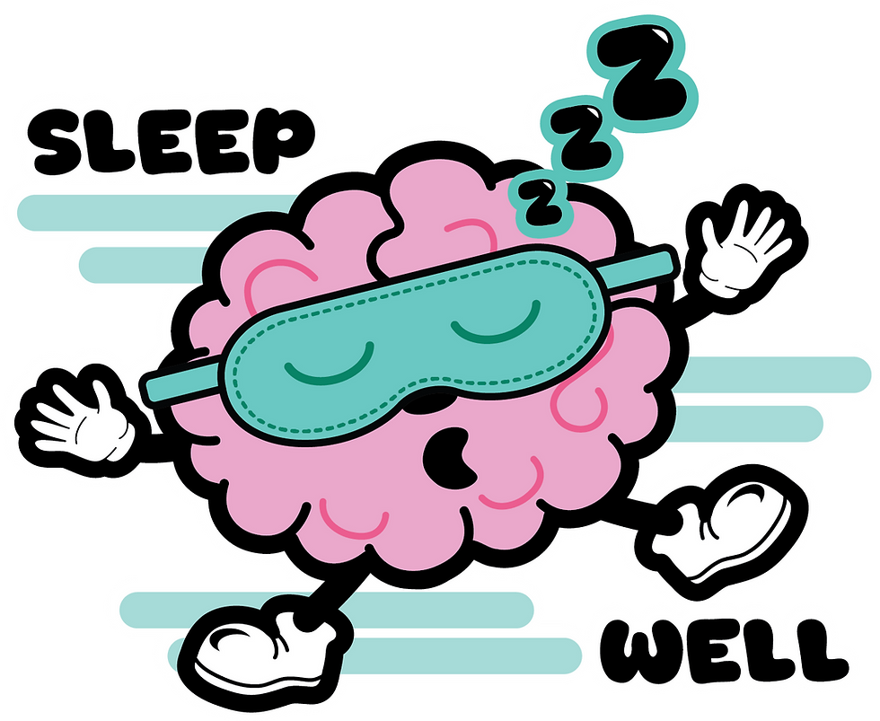 Cartoon brain wearing sleep mask with text "SLEEP WELL" Mental Health Awareness. Illustration by ZR Design