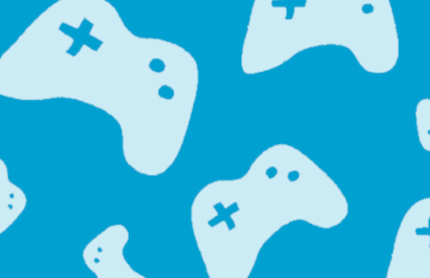 Blue and white video game controllers pattern on a blue background.