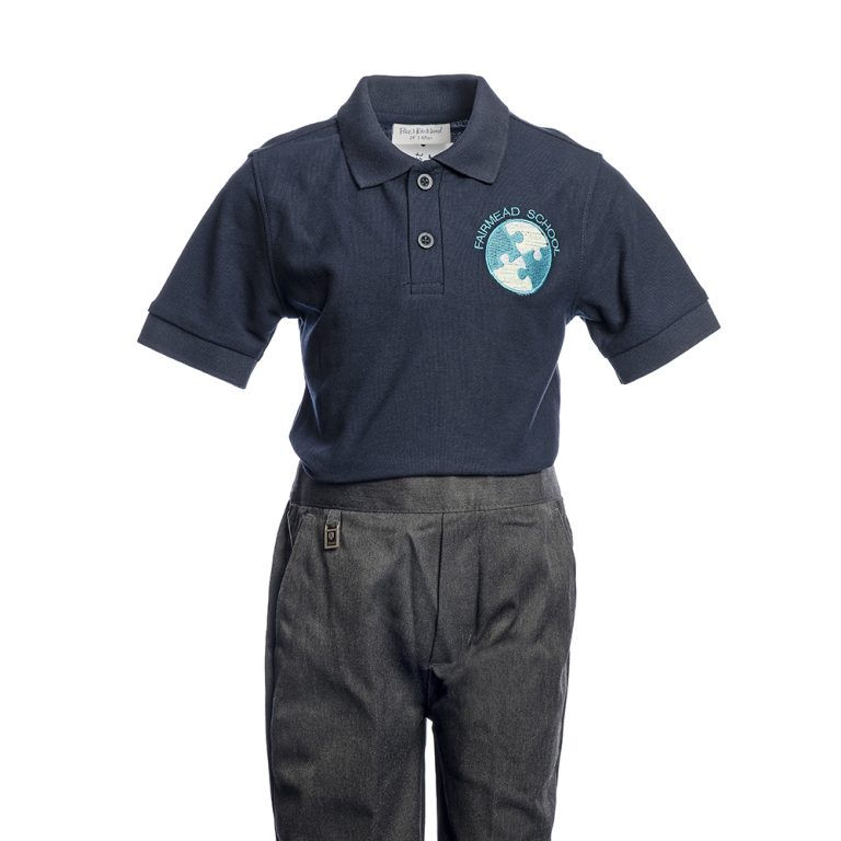 Navy polo shirt with Fairmead School logo and grey pants Uniform at FairmeadSchool.