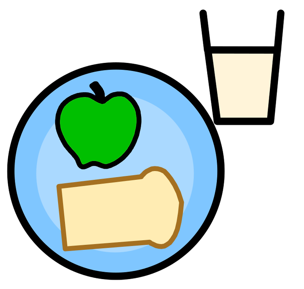 Plate with apple and bread, glass of milk. Lunch Menu for FairmeadSchool