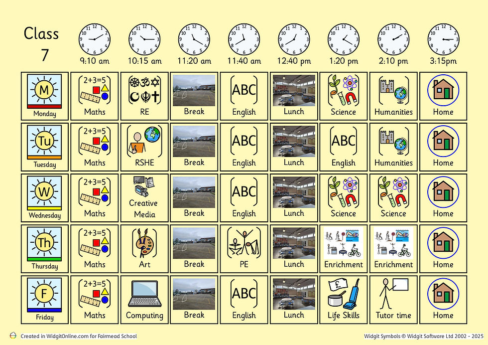 Class 7 weekly schedule with Maths, English, and lunch times at FairmeadSchool