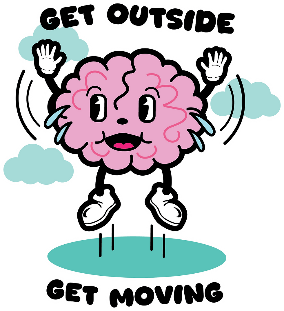 Cartoon brain jumping, text reads: Get outside, get moving. Mental Health Awareness. Illustration by ZR Design