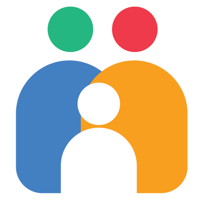 Colorful family icon, representing parents and child, with connected body shapes and circles.
