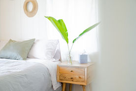 Interior picture of one bedroom beach front condo in Honolulu showcasing the interior design elements such as plants, pillows, wall frames and candles 