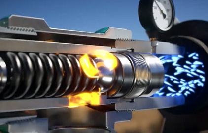 Close-up of a metal machine chamber with orange sparks and blue flames, a gauge above, against a blue sky.