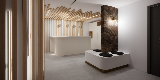 Elégance et projet complet de rénovation, pour le cabinet de la Clinique St
Jean de Cagnes sur Mer. On retrouve sur ces visuels, les jeux de lumières et de matériaux qui amènent une ambiance séduisante et lumineuse.
