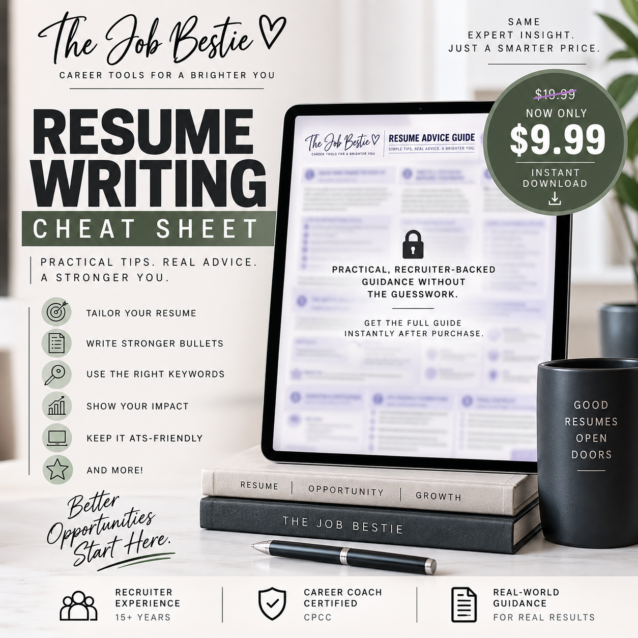 The Job Bestie Resume Writing Cheat Sheet, a downloadable DIY resume guide with recruiter-backed tips for creating a stronger, ATS-conscious resume.