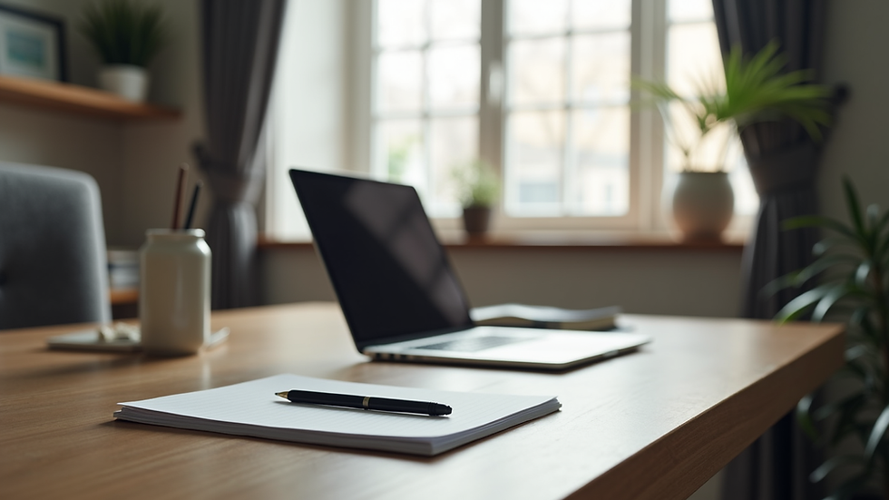 Eye-level view of a neat home office desk with a laptop and notebook