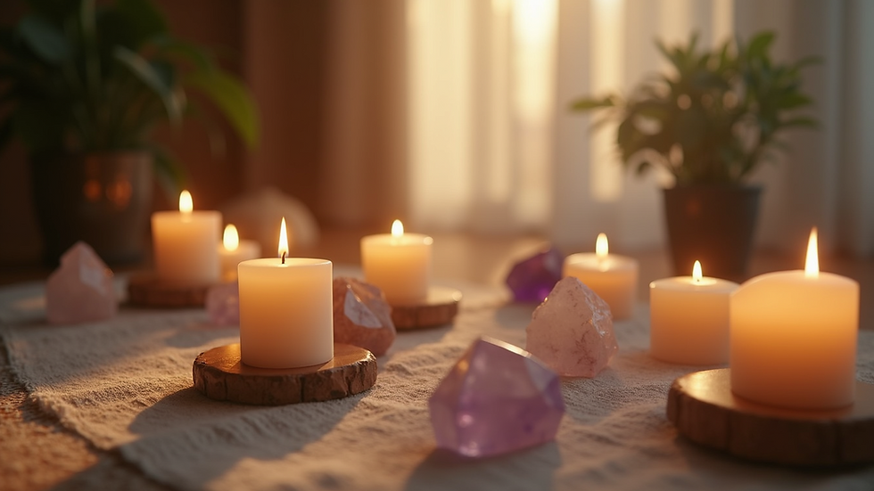 Eye-level view of a meditation space with candles and crystals