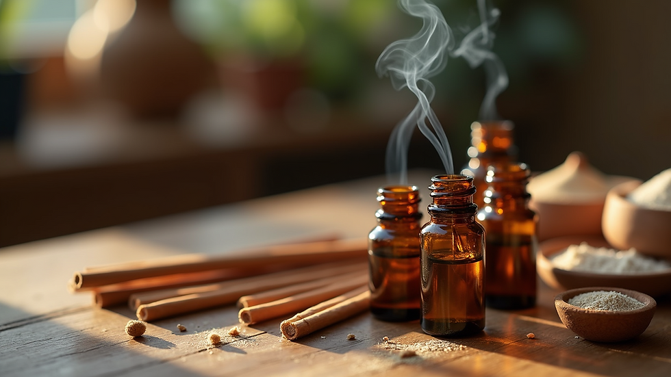 Close-up view of essential oils and incense sticks on a wooden table