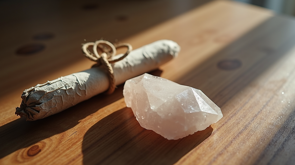 High angle view of a healing crystal and sage bundle on a wooden table