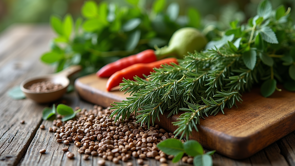 High angle view of natural herbs and healing plants arranged on a rustic surface