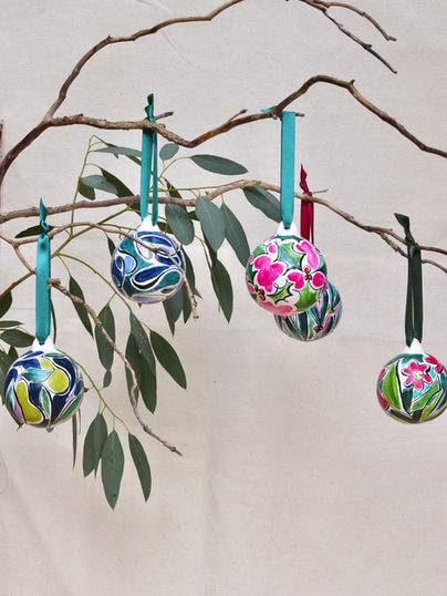 Hand-painted baubles in pink, blue and green