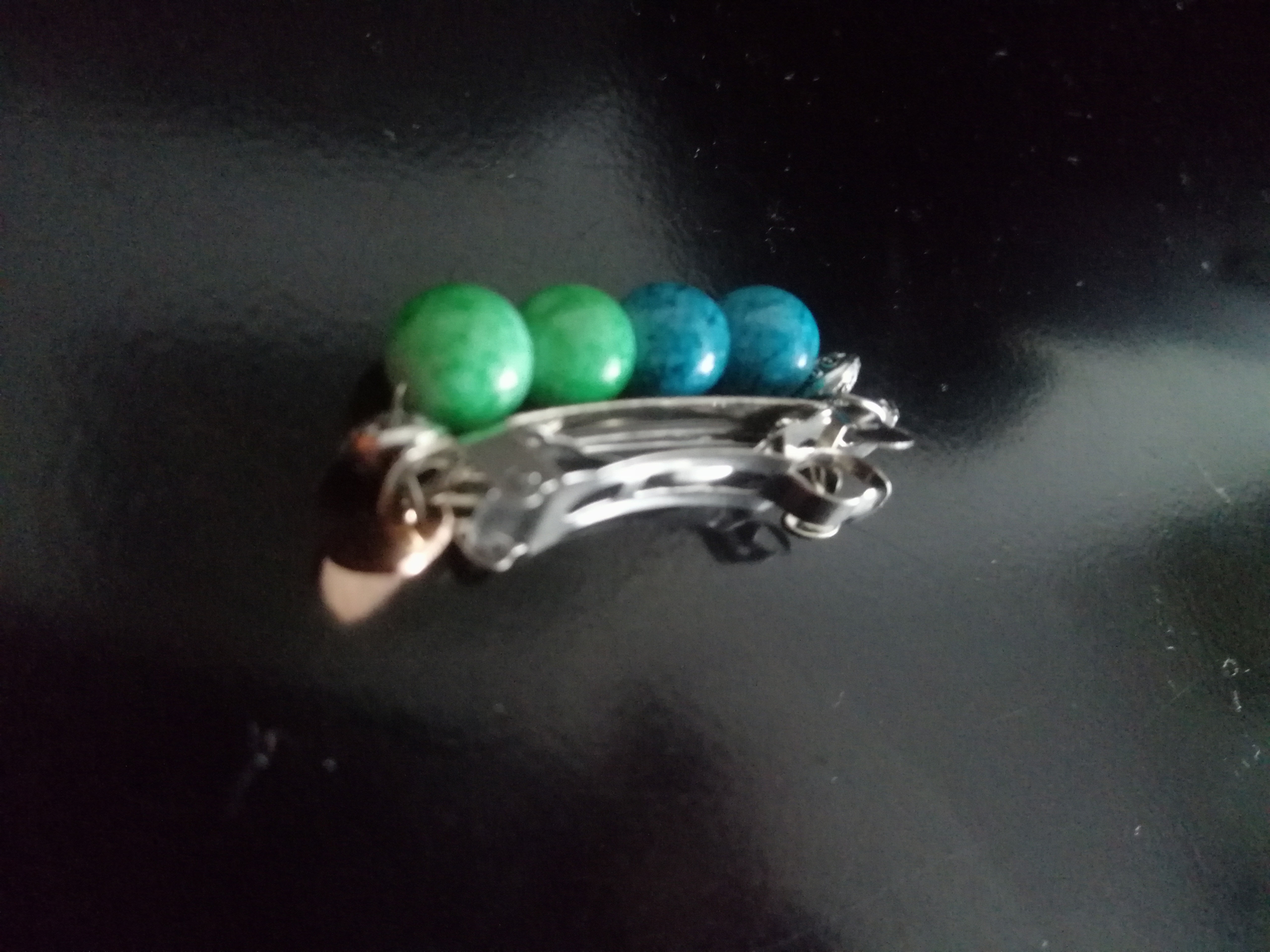 French spring hook silver green and blue energy pearls chakras