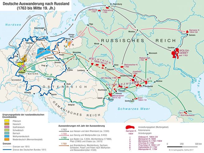 Die Ansiedlung der Deutschen in Russland: Die Ansiedlung von Deutschen im Russischen Reich von 1763 bis Mitte des 19. Jahrhunderts. Die ersten 3.300 Siedler stammten aus Hessen und dem Rheinland und folgten dem Ruf an die Wolga. Weitere 6.450 folgten 1789 aus Danzig und Westpreußen nach Wolhynien und ans östliche Schwarze Meer. Danach folgten weitere Auswanderungswellen über die Donau und Polen nach Bessarabien, die Krim und ans Asowsche Meer an der nordöstlichen Schwarzmeerküste.