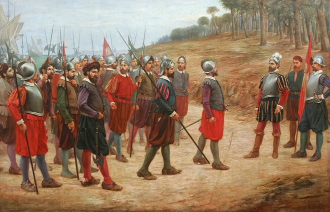 Francisco Pizarro fordert auf der Insel El Gallo seine Soldaten auf, eine Linie zu überqueren – wer sie überschreitet, will die Expedition trotz Kämpfen, Hunger und Krankheit nach Peru fortsetzen. Das Wagnis lohnte sich: 171 spanische Soldaten schlugen 1531 mehr als 5.000 Inkakrieger und stießen auf die Silbervorkommen der Minen von Potosí. (Bildquelle: Juan Lepiani/wikicommons, 1902)