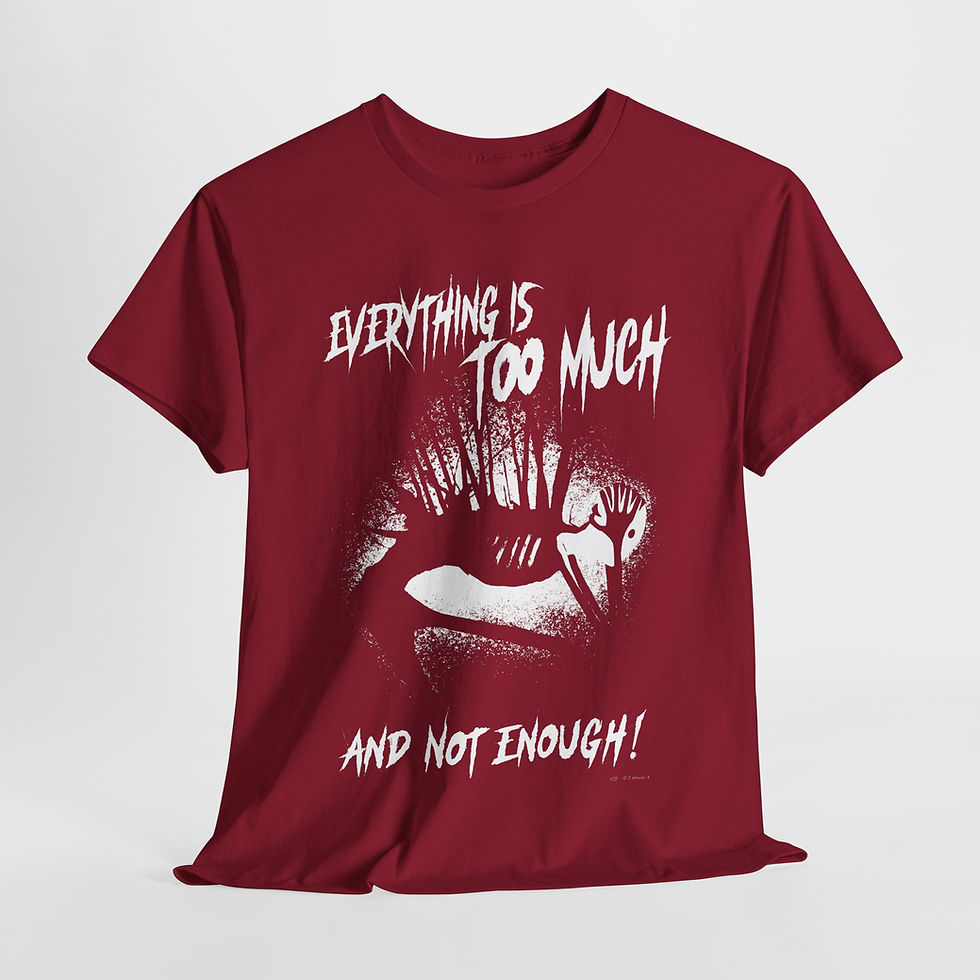 Thumbnail: Red t-shirt with white graphic of hunched figure and text about anxiety; dark art mental health apparel.