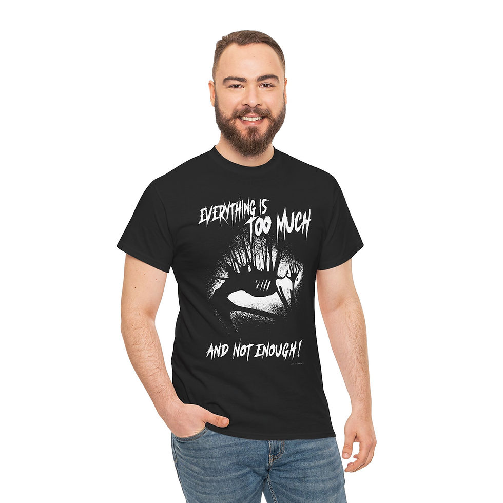Thumbnail: Black t-shirt with white graphic of hunched figure and text about anxiety; dark art mental health apparel.