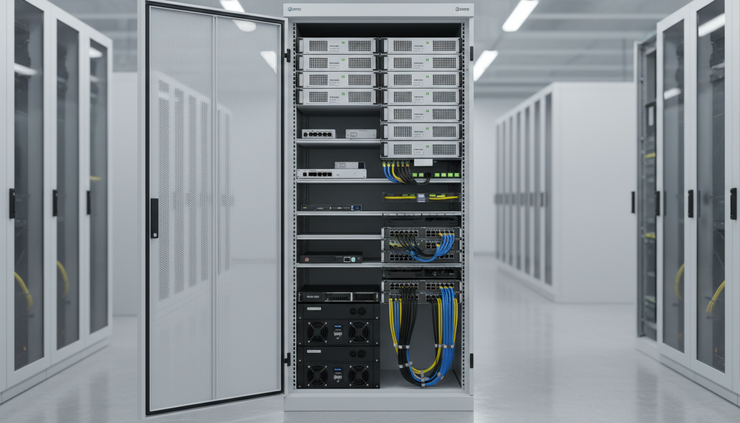 Eye-level view of a rack with servers, UPS units, shelves, and cable organizers
