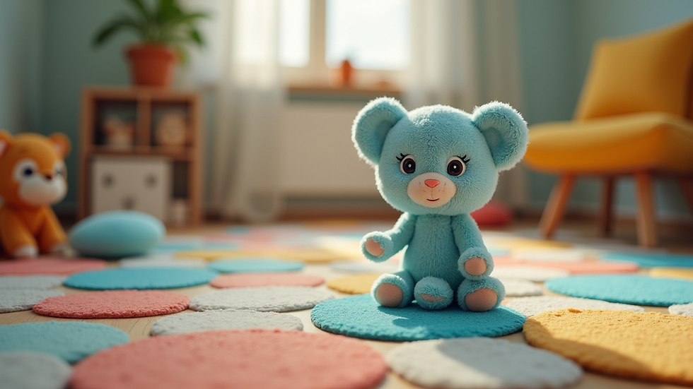 Vue rapprochée d’un tapis d’éveil coloré avec des jouets sensoriels