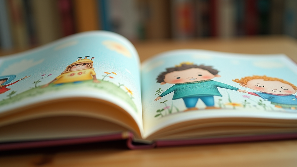 Close-up view of a colorful children's book with illustrations