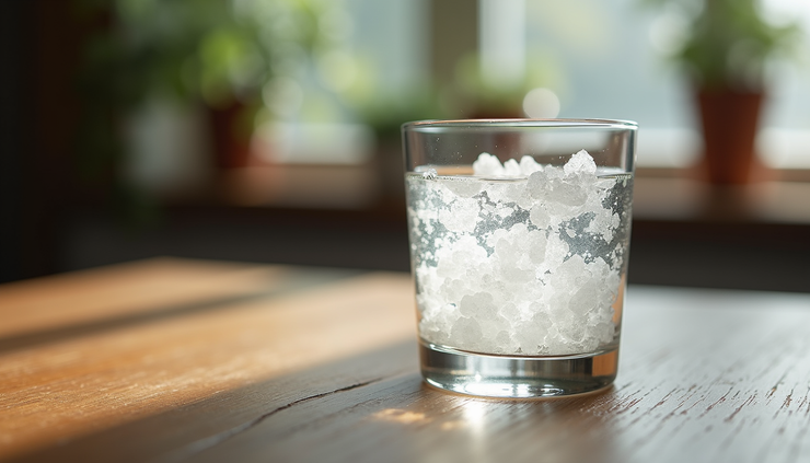Close-up view of a glass of water with sea salt crystals beside it on a wooden table