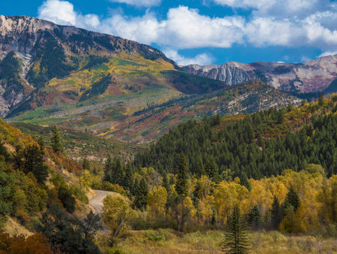 Winding dirt road leading up to fall foliage covered mountains.