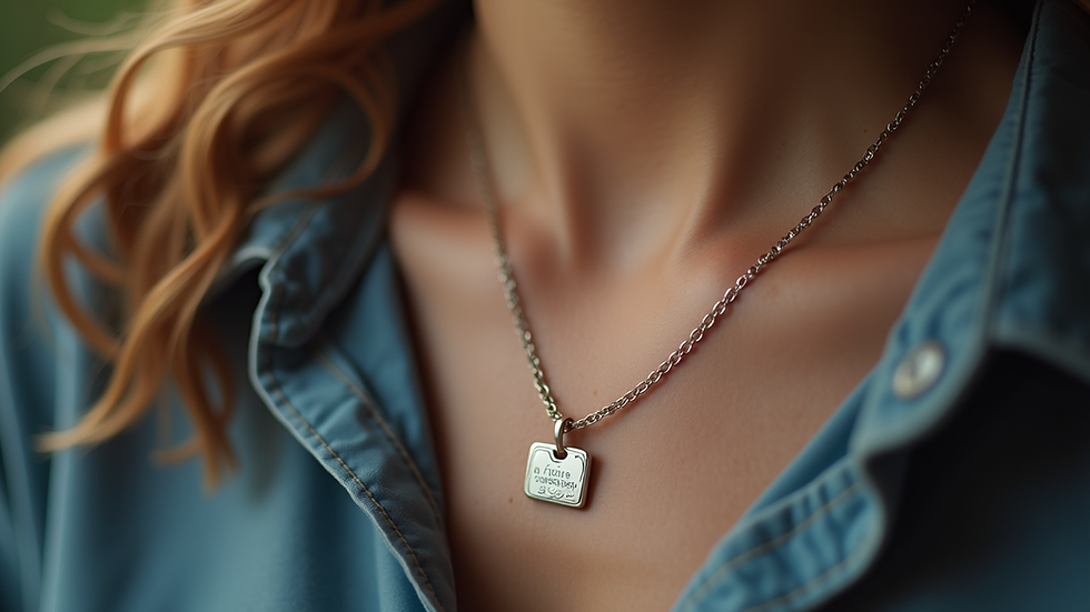 Close-up view of a personalized cremation necklace with engraved pendant