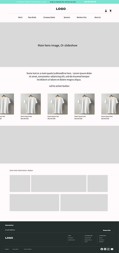 A refined home page with featured products, hero image and social links and gallery below