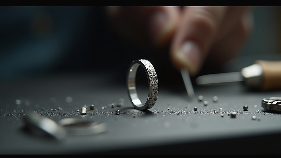 Close-up view of a silver ring being crafted on a jeweler’s bench