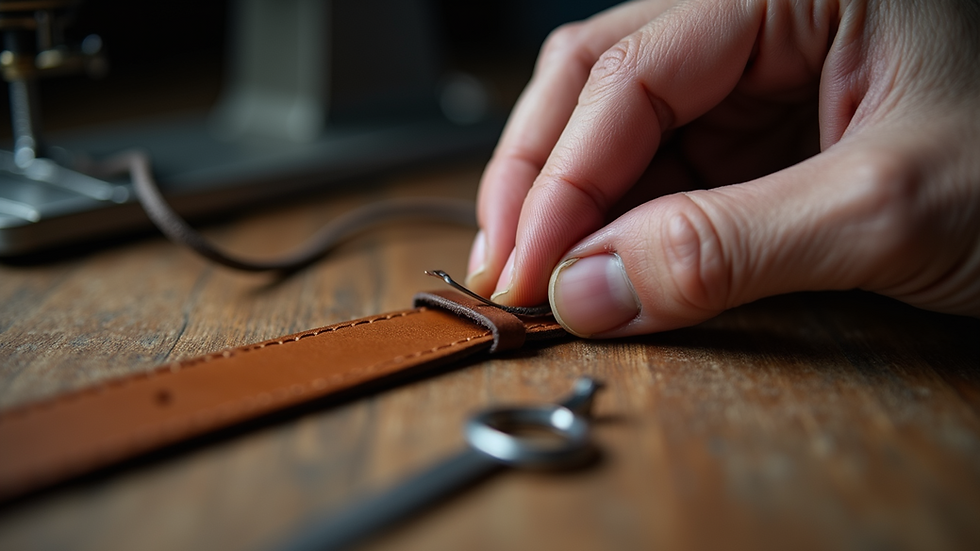 Eye-level view of a leather craftsman stitching a leather strap