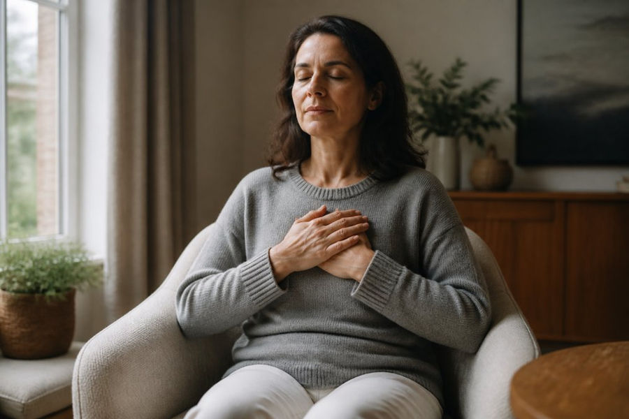 A person taking a mindful pause, sitting quietly with hands on chest, showing emotional regulation and self-awareness, in a peaceful home environment with soft lighting