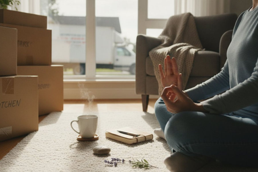 Person sitting peacefully in a calm, minimalist room with hands resting gently in lap, soft natural light coming through a window, demonstrating grounding and mindfulness during a moment of transition