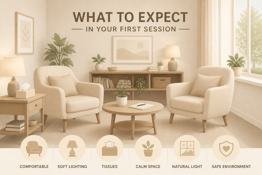 Warm, comfortable therapy office with soft lighting, two comfortable armchairs facing each other, a box of tissues on a side table, calm neutral colors, and a window with natural light creating a safe, trusting environment
