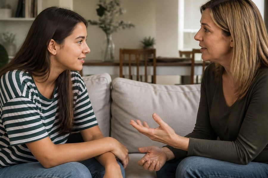 Parent and teenager sitting together in a calm living room facing each other with open body language and relaxed expressions during conversation