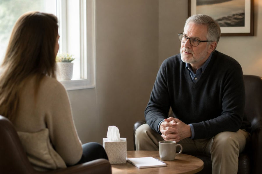 A grief counselor and client sitting in a warm, private office with soft natural lighting, engaged in compassionate conversation across a small table