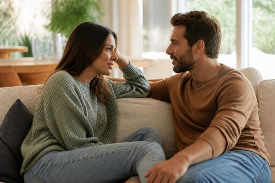 A couple sitting close together on a couch with genuine eye contact and relaxed body language, having an engaged conversation in a warm, naturally lit home setting