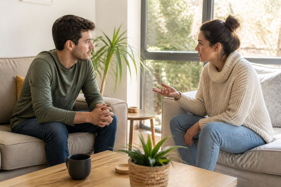 Two people sitting across from each other in a living room, having a calm conversation with focused body language and open posture, natural afternoon light streaming through windows