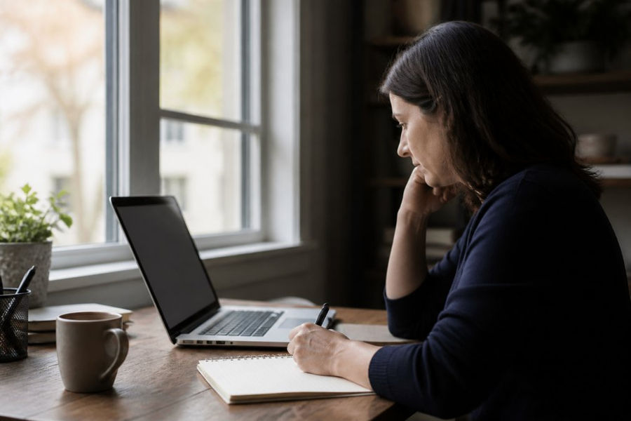 Person sitting at a desk with a laptop and notepad, thoughtfully researching and taking notes while looking at therapist profiles and information, natural office lighting coming through a window