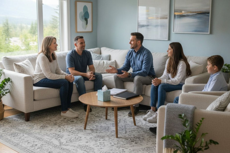 A calm, welcoming therapy office with comfortable seating where a therapist and family members sit together in conversation, natural lighting from windows