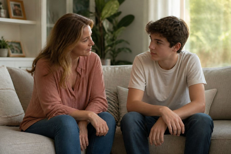 Parent and teenager talking on a sofa in a relaxed setting to prepare for family counselling.