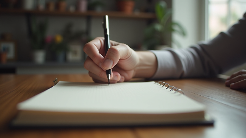 Eye-level view of a person writing notes in a journal on a wooden table