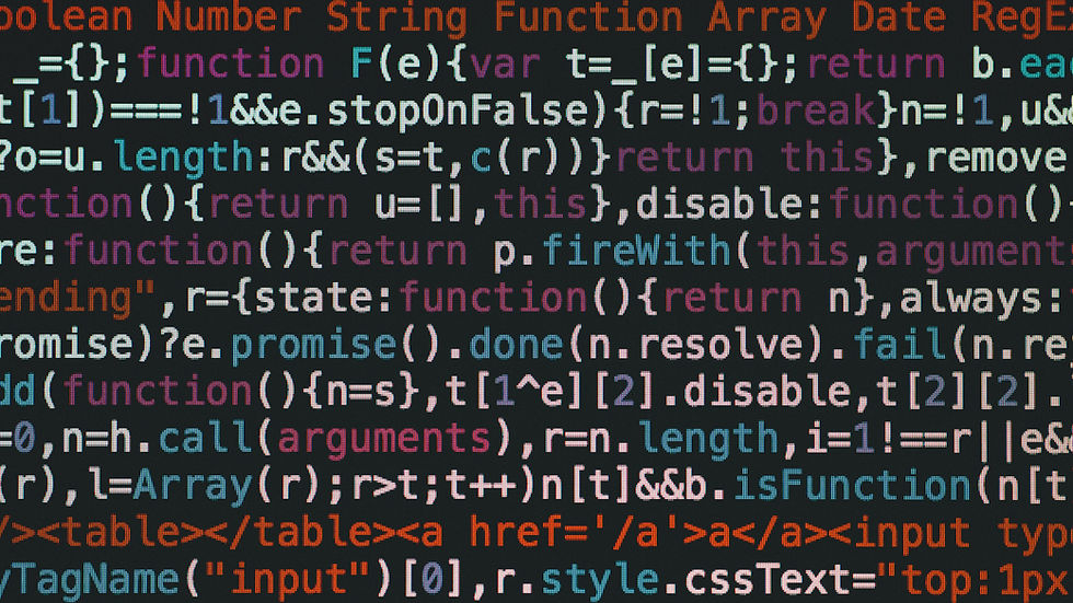 Close-up of colorful JavaScript code on a dark screen, with snippets like function, return, array, and table text.