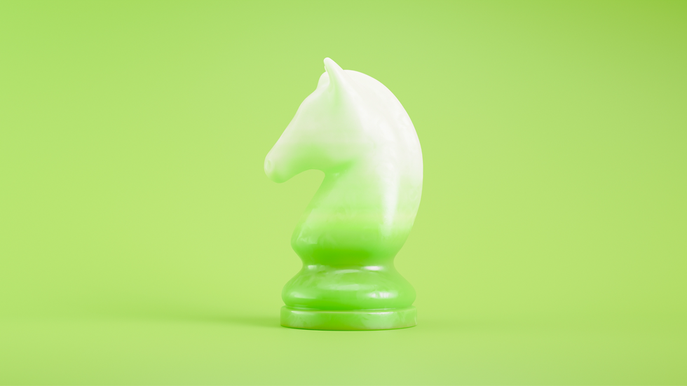White and neon green chess knight piece centered on a lime green background, with a glossy, minimalist look.