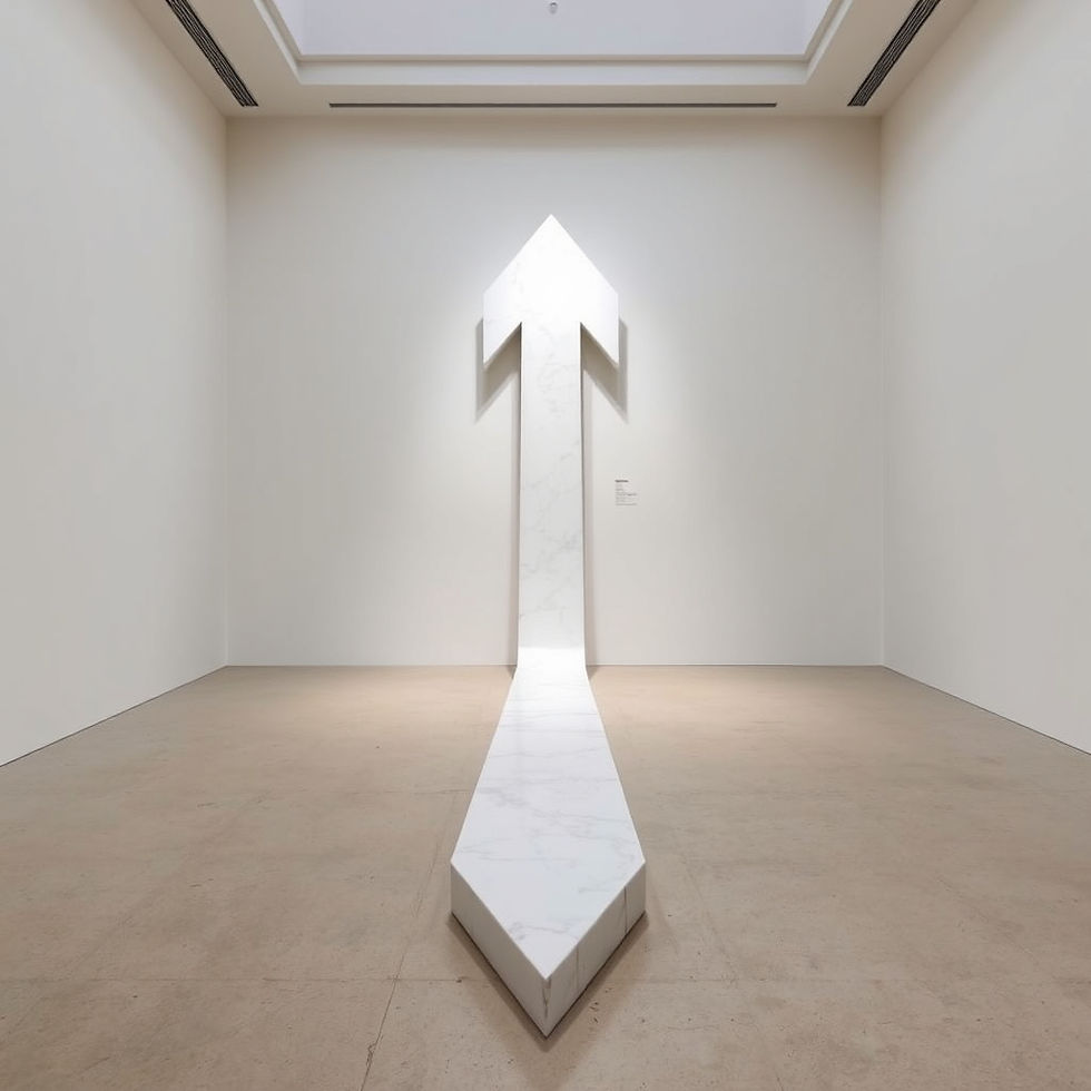 A single white marble arrow sculpture on a bare gallery floor, pointing forward