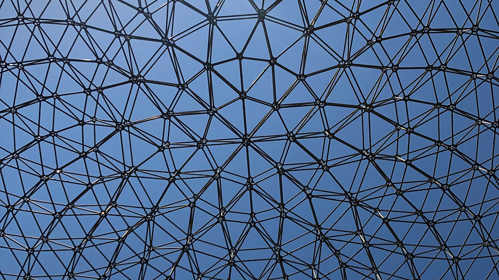 Black geometric lattice dome against a blue sky, forming a web-like canopy overhead.