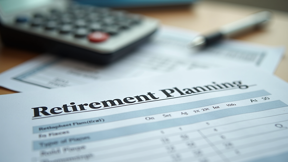 Close-up view of retirement planning documents and calculator on a desk